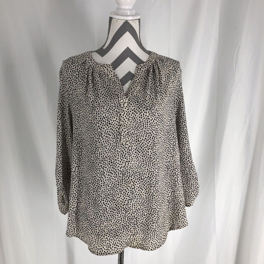 Women M Black White Dot Print Blouse Roll Tab Sleeve Split Neck Top 41 Hawthorn